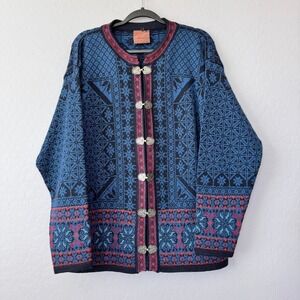 Christiana Large Blue Nordic Knit Wool Cardigan Fair Isle Sweater